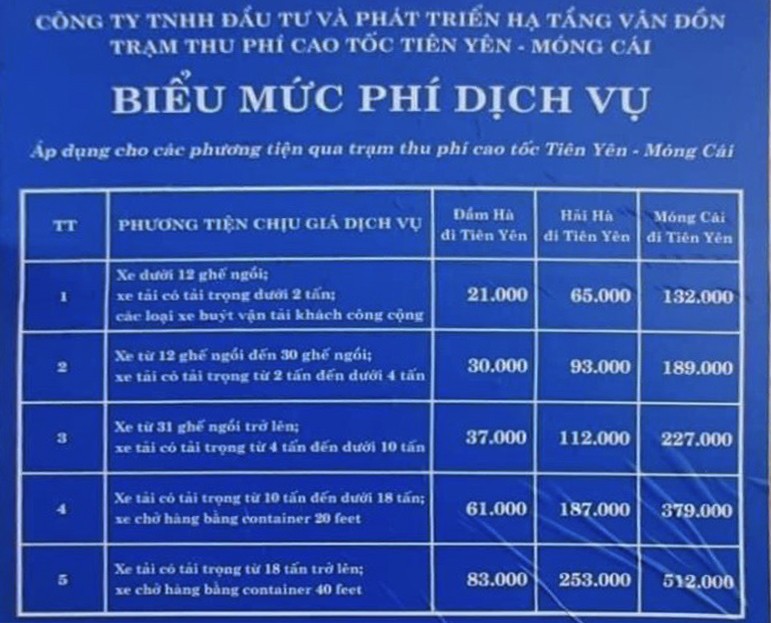 Bảng giá phí dịch vụ cao tốc Tiên Yên - Móng Cái.