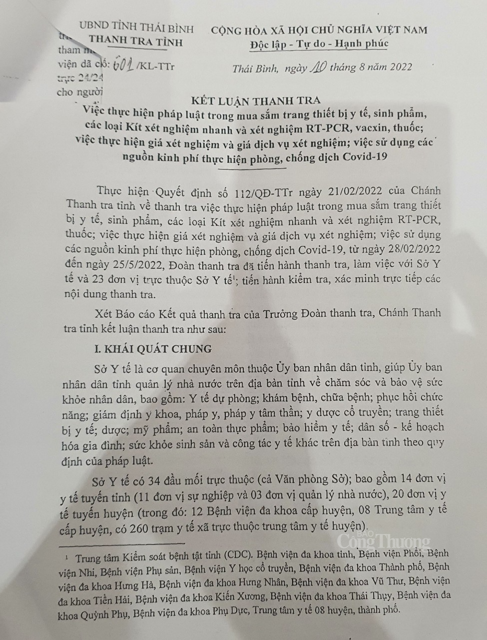 Sai phạm đấu thầu thiết bị phòng Covid-19: Đề nghị làm rõ trách nhiệm của Giám đốc Sở Y tế Thái Bình