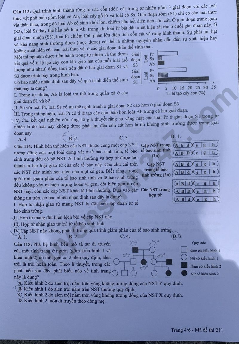 Dap an de thi mon Sinh ma de 211 - Tot nghiep THPT 2024