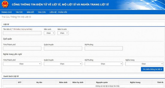 Hướng dẫn tra cứu, tìm mộ liệt sĩ trên trang web "thongtinlietsi"