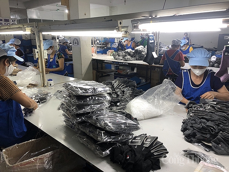 Công nhân làm việc tại Công ty Dệt Kim Phú Vĩnh Hưng giữ khoảng cách khi làm việc